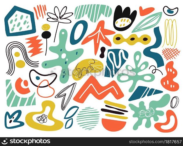 Doodle modern abstract shapes. Objects collage, contemporary art graphic. Creative artistic elements, geometric scribble vector illustration. Contemporary geometric collage, texture splash drawing. Doodle modern abstract shapes. Objects collage, contemporary art graphic. Creative artistic elements, geometric scribble vector illustration