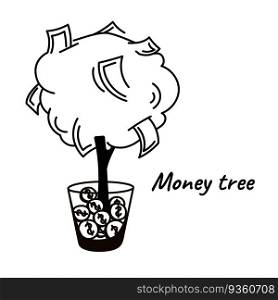 Doodle money tree or plant. Savings grouth concept. Black and white outline cartoon vector illustration on white background. Doodle money tree or plant black and white outline cartoon vector illustration on white background
