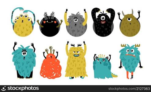 Doodle monsters. Cartoon cute angry characters, kids party hurry avatars vector set. Doodle monsters set