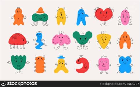 Doodle monsters. Hand drawn minimalistic funny mascots with cheerful face emotions, little monsters for kids illustrations. Vector isolated set collection cute funny monsters. Doodle monsters. Hand drawn minimalistic funny mascots with cheerful face emotions, little monsters for kids illustrations. Vector isolated set