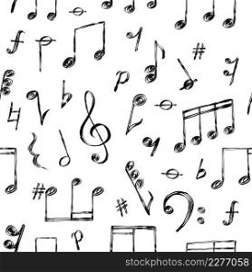 Doodle music notes, signs and clefs, melody seamless pattern. Hand drawn sketch song sound symbols wallpaper. Musical notation vector print. Illustration of note music symbol seamless pattern. Doodle music notes, signs and clefs, melody seamless pattern. Hand drawn sketch song sound symbols wallpaper. Musical notation vector print