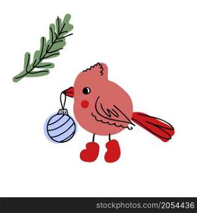 Doodle Northern cardinal bird in boots with christmas tree toy. Perfect for T-shirt, poster, greeting card and print. Hand drawn vector illustration for decor and design.