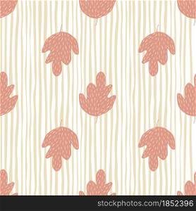 Doodle oak leaf seamless pattern on stripe background. Simple nature wallpaper. Autumn leaves backdrop. For fabric design, textile print, wrapping, cover. Vector illustration.. Doodle oak leaf seamless pattern on stripe background.