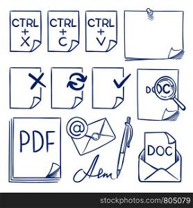 Doodle office paper vector icons with function symbols update, paste, cut, copy, send, delete and edit vector hand drawn set isolated. Illustration of move file with ctrl buttons. Doodle office paper vector icons with function symbols update, paste, cut, copy, send, delete and edit vector hand drawn set isolated