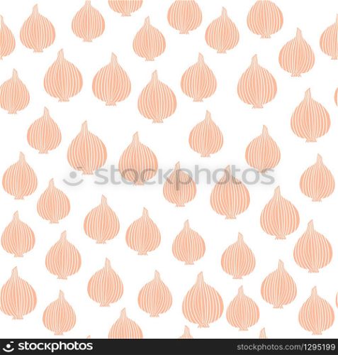 Doodle onion seamless pattern on white background. Organic texture. Onion bulb vegetable wallpaper. Design for fabric, textile print, wrapping paper, kitchen textiles. Vector illustration. Doodle onion seamless pattern on white background. Organic texture.