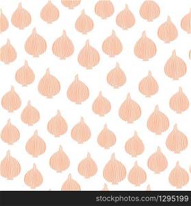 Doodle onion seamless pattern on white background. Organic texture. Onion bulb vegetable wallpaper. Design for fabric, textile print, wrapping paper, kitchen textiles. Vector illustration. Doodle onion seamless pattern on white background. Organic texture.