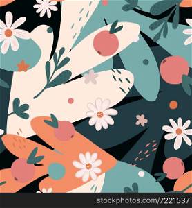 Doodle organic shapes seamless pattern. Cute tropical collages contemporary wallpaper. Flowers and fruits botanical background. Exotic hawaiian plants backdrop. Design for fabric, textile print, cover. Doodle organic shapes seamless pattern. Cute tropical collages contemporary wallpaper.