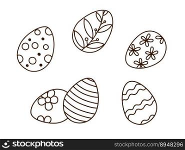 Doodle ornate Easter eggs outline black and white vector drawings set. 