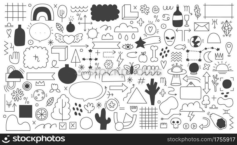 Doodle outline elements. Abstract doodle sketches, decorative frames, arrows and ribbons. Hand drawn doodle shapes vector illustration set as geometric figures, sun and moon, rainbow. Doodle outline elements. Abstract doodle sketches, decorative frames, arrows and ribbons. Hand drawn doodle shapes vector illustration set