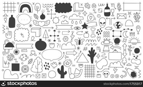 Doodle outline elements. Abstract doodle sketches, decorative frames, arrows and ribbons. Hand drawn doodle shapes vector illustration set as geometric figures, sun and moon, rainbow. Doodle outline elements. Abstract doodle sketches, decorative frames, arrows and ribbons. Hand drawn doodle shapes vector illustration set