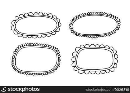 Doodle oval and square scalloped frames. Hand drawn scalloped edge rectangle and ellipse shapes. Simple label form. Flower silhouette lace frame. Vector illustration isolated on white background.. Doodle oval and square scalloped frames. Hand drawn scalloped edge rectangle and ellipse shapes. Simple label form. Flower silhouette lace frame. Vector illustration isolated on white background