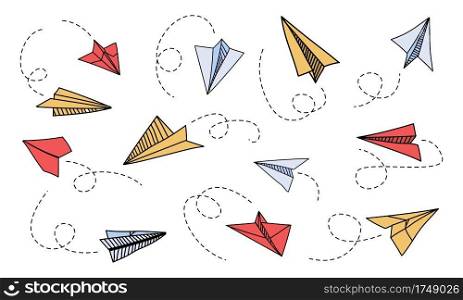 Doodle paper plane. Hand drawn colorful airplane with outline curve routes, simple line handmade origami aircraft different angle view, travel symbol and message delivery concept. Vector isolated set. Doodle paper plane. Hand drawn colorful airplane with outline curve routes, simple line origami aircraft angle view, travel symbol and message delivery concept. Vector isolated set