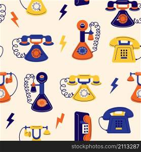 Doodle phones pattern. Seamless print with vintage telephones with spiral cords, number pad dials and headsets. Vector texture of retro phones contact retro with cables. Doodle phones pattern. Seamless print with vintage telephones with spiral cords, number pad dials and headsets. Vector texture of retro phones