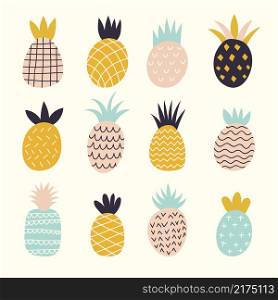 Doodle pineapples. Colored decorative abstract illustration of exotic fruits recent vector drawn pineapples collection. Fruit pineapple food, tropical exotic. Doodle pineapples. Colored decorative abstract illustration of exotic fruits recent vector drawn pineapples collection