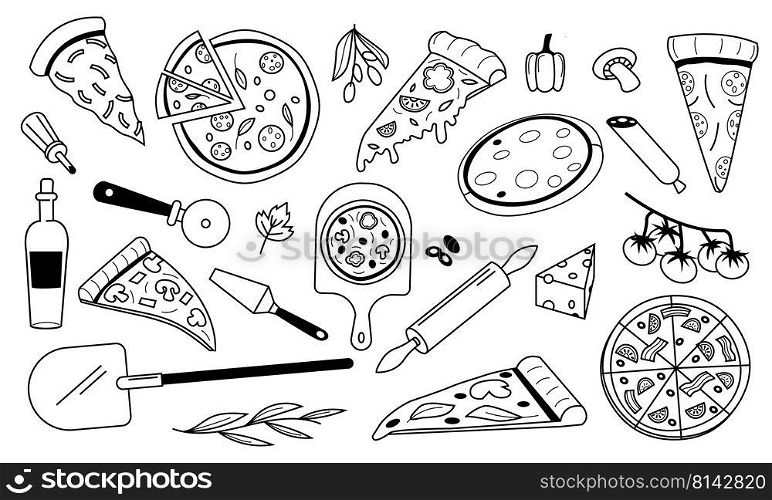 Doodle pizza. Italian food outline sketch, pepperoni mushrooms cheese tomato olive oil and pizza dough ingredients collection. Vector restaurant menu graphic set. Tasty meal with meat and vegetables. Doodle pizza. Italian food outline sketch, pepperoni mushrooms cheese tomato olive oil and pizza dough ingredients collection. Vector restaurant menu graphic set