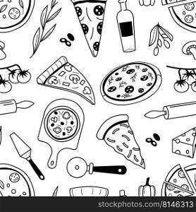 Doodle pizza pattern. Seamless print of national Italian food sketch, olive oil tomato cheese ingredients. Vector restaurant menu pizza texture. Cooking equipment and hot meal with different taste. Doodle pizza pattern. Seamless print of national Italian food sketch, olive oil tomato cheese ingredients. Vector restaurant menu pizza texture