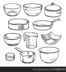 Doodle plastic and glass bowls, pot and frying pan. Vintage hand drawn vector cookware isolated. Bowl for cooking, utensil and dishware illustration. Doodle plastic and glass bowls, pot and frying pan. Vintage hand drawn vector cookware isolated