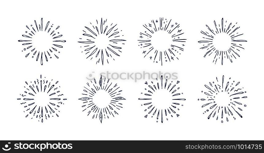 Doodle pop rays. Hand drawn starburst decorative elements, line sketch frame for greeting cards and posters. Vector black shining star fireworks set for pattern design decoration. Doodle pop rays. Hand drawn starburst decorative elements, line sketch frame for greeting cards and posters. Vector shining star set