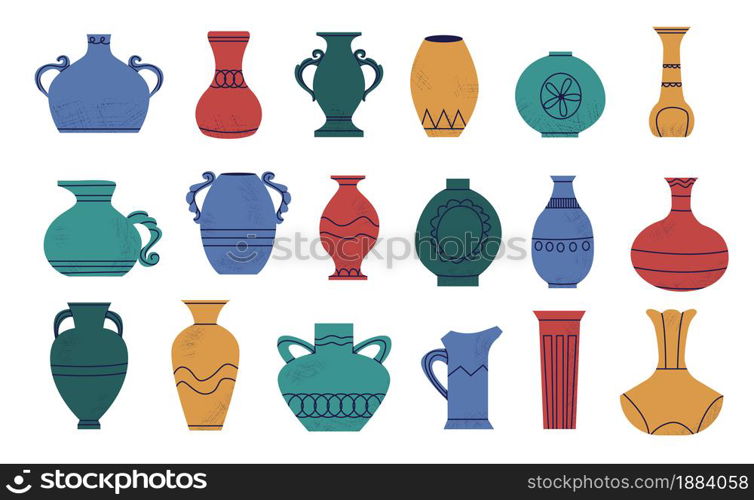 Doodle pottery. Cartoon abstract shapes of ancient amphora. Retro vase and antique wine jar mockup. Hand drawn Greek ceramic jug. Bright urn or pitcher with handles. Vector colorful earthenware set. Doodle pottery. Cartoon abstract shapes of ancient amphora. Retro vase and antique wine jar mockup. Hand drawn ceramic jug. Urn or pitcher with handles. Vector colorful earthenware set