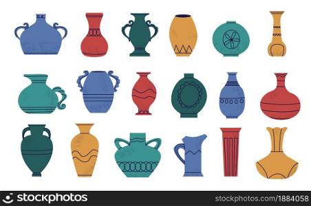 Doodle pottery. Cartoon abstract shapes of ancient amphora. Retro vase and antique wine jar mockup. Hand drawn Greek ceramic jug. Bright urn or pitcher with handles. Vector colorful earthenware set. Doodle pottery. Cartoon abstract shapes of ancient amphora. Retro vase and antique wine jar mockup. Hand drawn ceramic jug. Urn or pitcher with handles. Vector colorful earthenware set