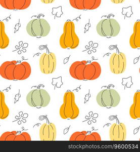 Doodle Pumpkins with leaves seamless pattern. Autumn colors modern print design. Vector endless background for wrapping, cards and textile.