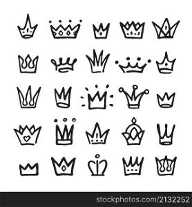 Doodle queen crowns. Logo prince crown, black royal signs. King tiara, sketch crowned elements. Hand drawn baby princess tidy vector emblems. Illustration of queen princess crowns. Doodle queen crowns. Logo prince crown, black royal signs. King tiara, sketch crowned elements. Hand drawn baby princess tidy vector emblems
