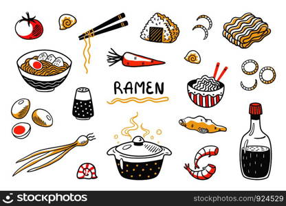 Doodle Ramen. Chinese hand drawn noodle soup with food sticks bowls and ingredients. Vector Asian food sketch set with egg noodles and other cooking products. Doodle Ramen. Chinese hand drawn noodle soup with food sticks bowls and ingredients. Vector Asian food sketch set