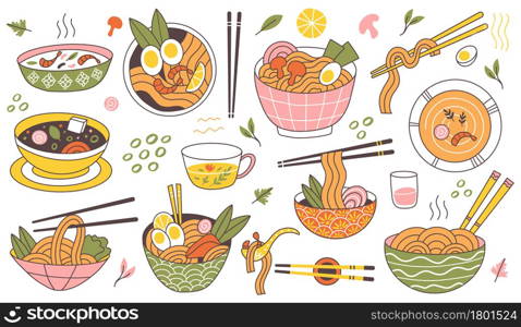 Doodle ramen noodles traditional asian food bowls. Japanese cuisine noodle soup, delicious noodles in meat broth vector illustration. Oriental food ramen bowls with shrimps and mushroom. Doodle ramen noodles traditional asian food bowls. Japanese cuisine noodle soup, delicious noodles in meat broth vector illustration. Oriental food ramen bowls