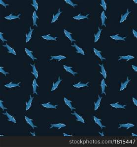 Doodle random small blue shark shapes seamless pattern. Black background. Scrapbook ornament. Simple style. Designed for fabric design, textile print, wrapping, cover. Vector illustration.. Doodle random small blue shark shapes seamless pattern. Black background. Scrapbook ornament. Simple style.