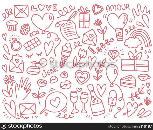 Doodle red and pink love objects cute set vector illustration