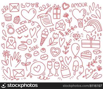 Doodle red and pink love objects cute set vector illustration