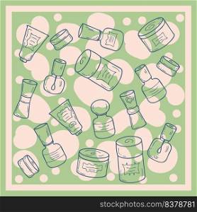 Doodle retro style cosmetic jars pattern. Perfect for scrapbooking, poster, greeting card and prints. Hand drawn vector illustration for decor and design.