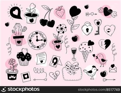 Doodle romance and love. Flowerpot, couple of cherries and strawberries, indoor flowers and cactus with heart, clock and portrait frame, birds and cakes, lock and key. Isolated vector hand drawings