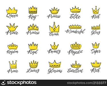 Doodle royal crown logos, hand drawn king and queen crowns. Sketch prince and princess tiara with gems, luxury diadem doodles vector set. Elegant golden accessory for royalty isolated collection. Doodle royal crown logos, hand drawn king and queen crowns. Sketch prince and princess tiara with gems, luxury diadem doodles vector set
