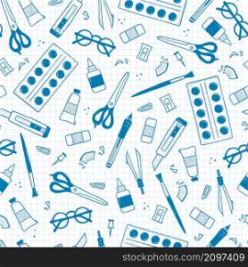 Doodle school stuff and stationery seamless pattern. Vector background with eraser, paints, scissors, pencil sharpener and paintbrush, glue, paper knife, glasses, compass and pin on checkered page. Doodle school stationery seamless pattern design