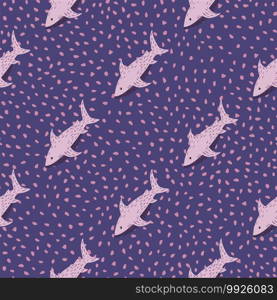 Doodle seamless hand drawn pattern with shark simple ornament. Purple dotted background. Decorative backdrop for fabric design, textile print, wrapping, cover. Vector illustration.. Doodle seamless hand drawn pattern with shark simple ornament. Purple dotted background.