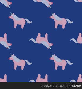 Doodle seamless kids pattern with pony unicorn pink pale silhouettes. Navy blue indigo background. Designed for fabric design, textile print, wrapping, cover. Vector illustration.. Doodle seamless kids pattern with pony unicorn pink pale silhouettes. Navy blue indigo background.