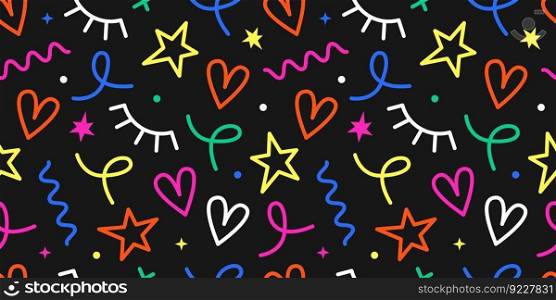 Doodle seamless pattern. 90s style pattern with squiggles. Flat vector illustration on black background