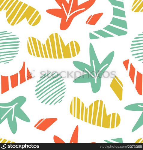 Doodle seamless pattern. Clouds, plants and stripe shapes background. Abstract modern colorful vector texture. Illustration doodle pattern decorative, graphic modern. Doodle seamless pattern. Clouds, plants and stripe shapes background. Abstract modern colorful vector texture