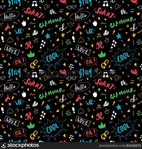 Doodle Seamless Pattern, hand drawn pop art signs and symbols background, Vector Illustration.. Doodle Seamless Pattern, hand drawn pop art signs and symbols background, Vector Illustration