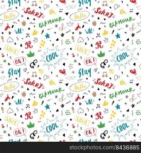 Doodle Seamless Pattern, hand drawn pop art signs and symbols background, Vector Illustration.. Doodle Seamless Pattern, hand drawn pop art signs and symbols background, Vector Illustration