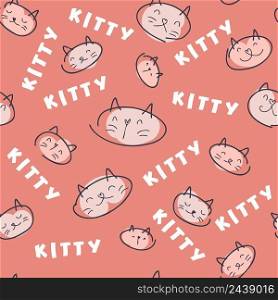 Doodle seamless pattern of cat faces and text KITTY. Perfect for T-shirt, textile and print. Hand drawn vector illustration for decor and design.