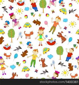 Doodle seamless pattern of cute child&rsquo;s life including pets, toys, plants, things for sport and celestial elements. Vector illustration.. Doodle seamless pattern of cute child&rsquo;s life including pets, toy