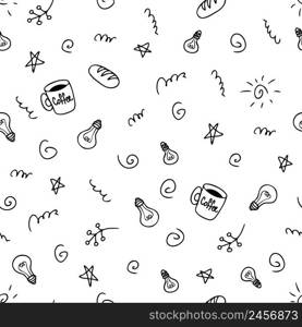 Doodle seamless pattern of light bulbs and stars idea summer theme. Perfect for scrapbooking, textile and prints. Hand drawn vector illustration for decor and design.