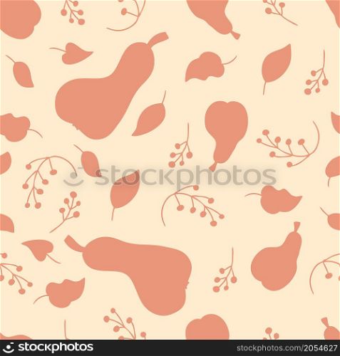 Doodle seamless pattern of pears, leaves and berries silhouette. Perfect for T-shirt, textile and print. Doodle vector illustration for decor and design.