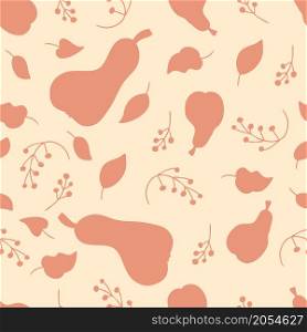 Doodle seamless pattern of pears, leaves and berries silhouette. Perfect for T-shirt, textile and print. Doodle vector illustration for decor and design.