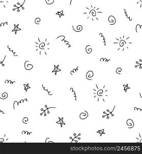 Doodle seamless pattern of sun and stars summer theme. Perfect for scrapbooking, textile and prints. Hand drawn vector illustration for decor and design.