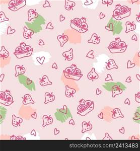 Doodle seamless pattern of sweet fruit cakes and strawberries. Perfect for scrapbooking, textile and prints. Hand drawn vector illustration for decor and design.
