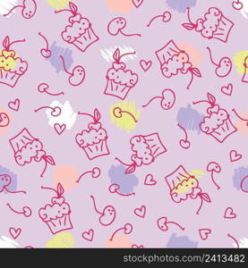 Doodle seamless pattern of sweet muffins and cherries. Perfect for scrapbooking, textile and prints. Hand drawn vector illustration for decor and design.