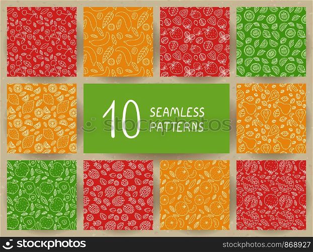 Doodle seamless pattern set. Vector colorful backgrounds. Hand drawn strawberry, cherry, apple, kiwi, pear, raspberry, banana, pomegranate, fruit, berry, berries. Sketch. Doodle seamless pattern set. Vector colorful backgrounds. Hand drawn strawberry, cherry, apple, kiwi, pear, raspberry, banana, pomegranate, fruit, berry, berries